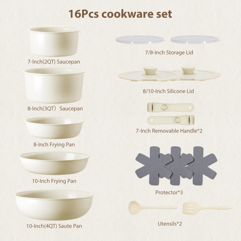 SNOWCLAD Pots and Pans Non Stick,16Pcs Ceramic Nonstick Cookware Sets, Induction Kitchen tagines Set with Removable Handle, Cooking Frying Pans & Saucepans(PFOA Free), Oven/Dishwasher/Fridge Safe, Space Saving - Image 3