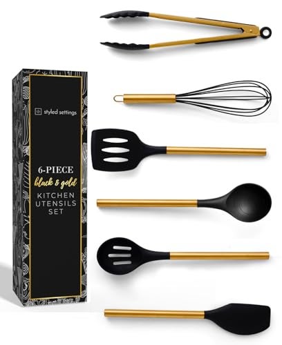 Black and Gold Kitchen Utensils Set  6PC Silicone Utensils Set Include Tongs Whisk Serving Spoon Spatula and Turner for Stylish Cooking and Baking  Black and Gold Kitchen Accessories and Decor
