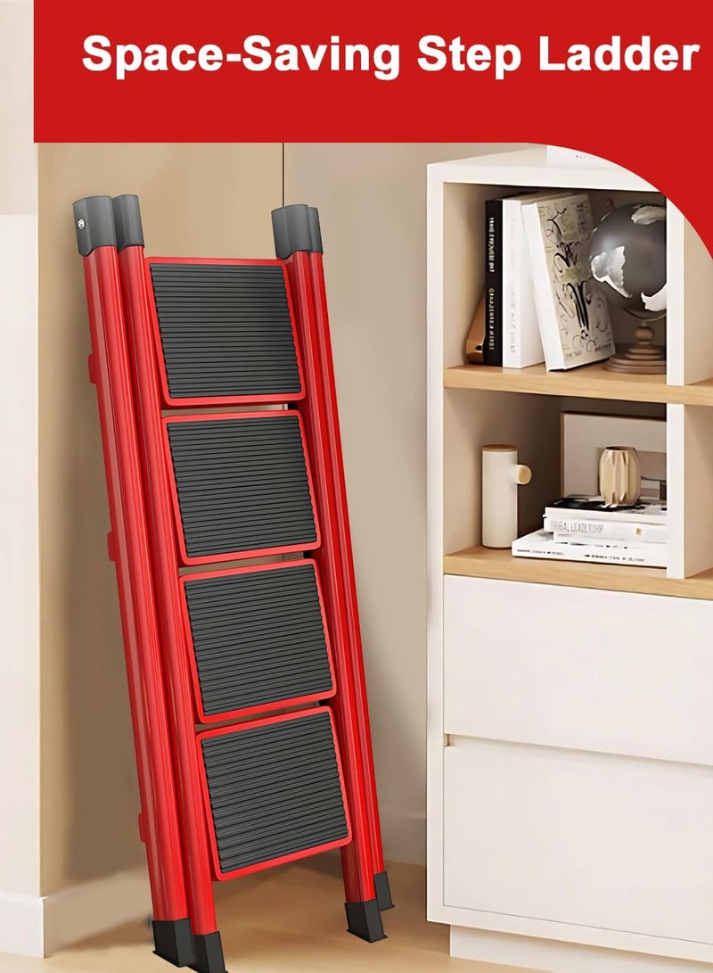 Household Folding Multi-Function 4 Steps Telescopic Portable Step Steel Ladder Stool Chair with Wide Anti Slip Pedal and Comfort Hand grip for Adults Home Kitchen Garden Office Warehouse - Image 5