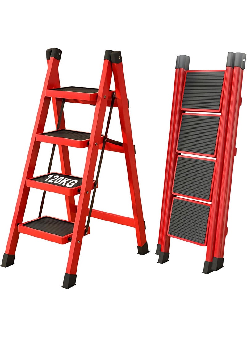 Household Folding Multi-Function 4 Steps Telescopic Portable Step Steel Ladder Stool Chair with Wide Anti Slip Pedal and Comfort Hand grip for Adults Home Kitchen Garden Office Warehouse - Image 1