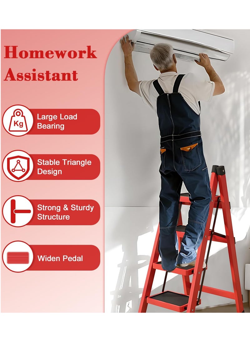 Household Folding Multi-Function 4 Steps Telescopic Portable Step Steel Ladder Stool Chair with Wide Anti Slip Pedal and Comfort Hand grip for Adults Home Kitchen Garden Office Warehouse - Image 3