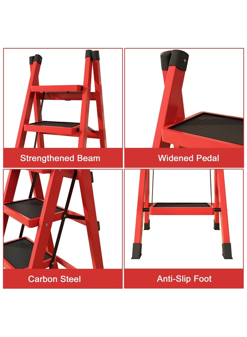 Household Folding Multi-Function 4 Steps Telescopic Portable Step Steel Ladder Stool Chair with Wide Anti Slip Pedal and Comfort Hand grip for Adults Home Kitchen Garden Office Warehouse - Image 2