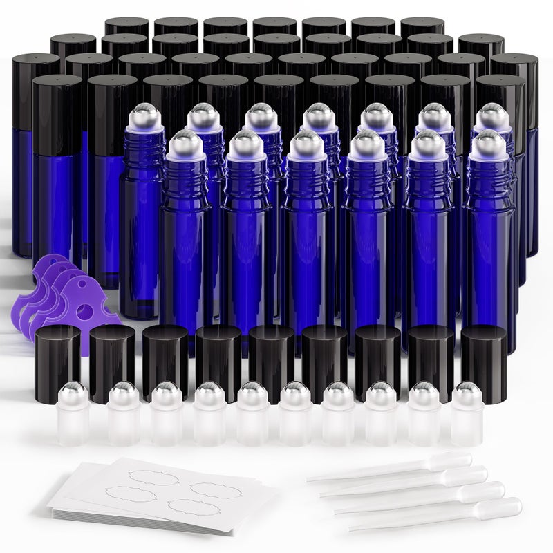 ULG Essential Oil Roller Bottles 48 Pack 10ml Cobalt Blue Glass Empty Bottles with Stainless Steel Roller Balls 10 Extra Roller Balls 4 Openers 4 Droppers 48 Waterproof Labels