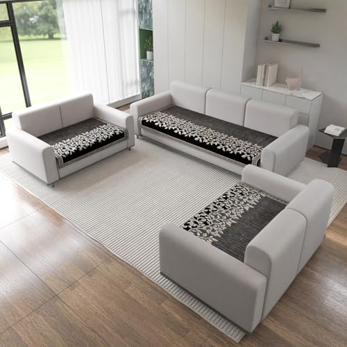 Nendle Refined Velvet Floral Sofa Mat 7 Seater Set Cover Elegant and Durable Protector for Living Room Sofa Set 3+2+2, Suitable for Wooden, Leather, Other Fabric Sofa Set (Color Black, Pack of 3) - Image 1