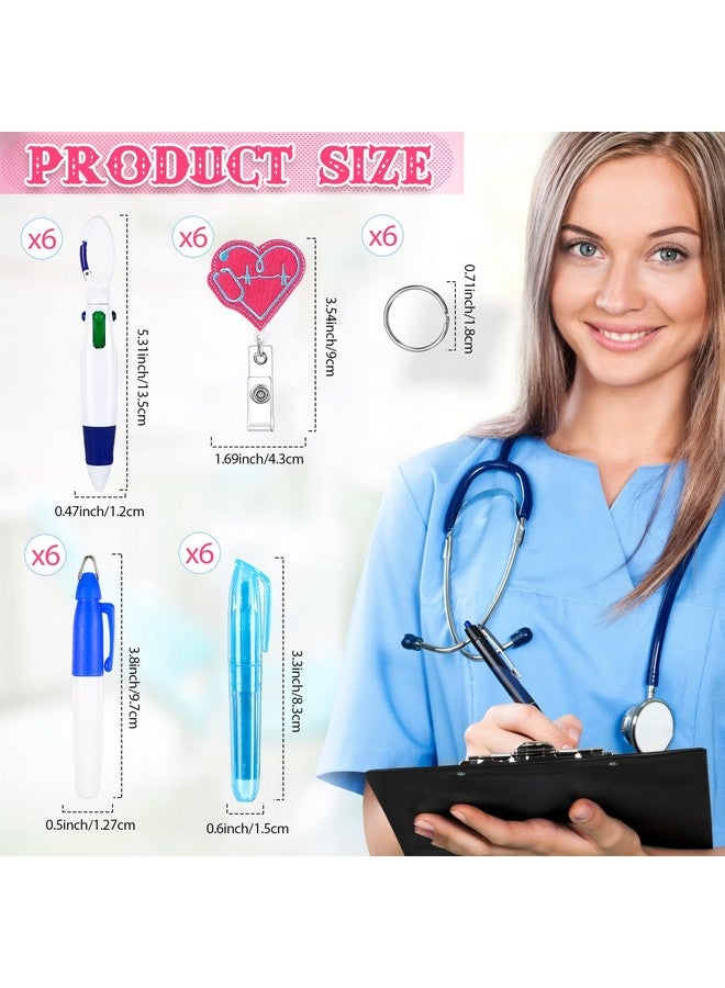 24 Pcs Nurse Pen Cna Week Appreciation Gift Set 6 Permanent Marker Pen 6 Retractable Ball Pen 6 Tip Highlighter 6 Nursing Badge Reel Holder Felt Badge Clip Id Name Reel For Nurses Gifts(Nurse Style)