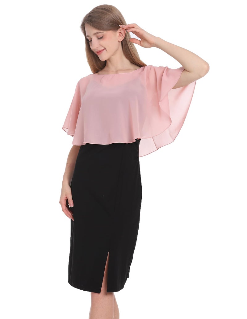 Baoqiya Wedding Capes Bridal Capelet Chiffon Lace Shrug Shawls and Wraps for Evening Dress (Blush) - Image 3