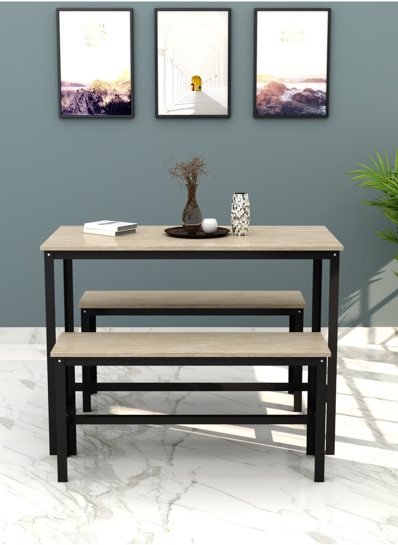 طاولة طعام فولاذية مع مقعدين وسطح خشبي أسود 90x120x60 سم