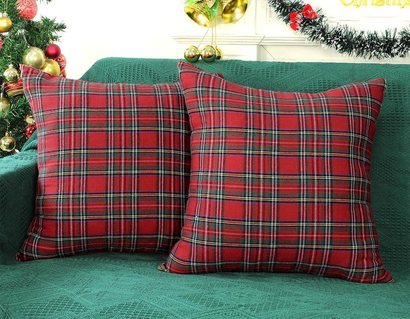 4TH Emotion Set of 2 Christmas Scottish Tartan Plaid Throw Pillow Covers Cushion Case Polyester for Farmhouse Home Decor Red and Green  20 x 20 Inches - Image 1