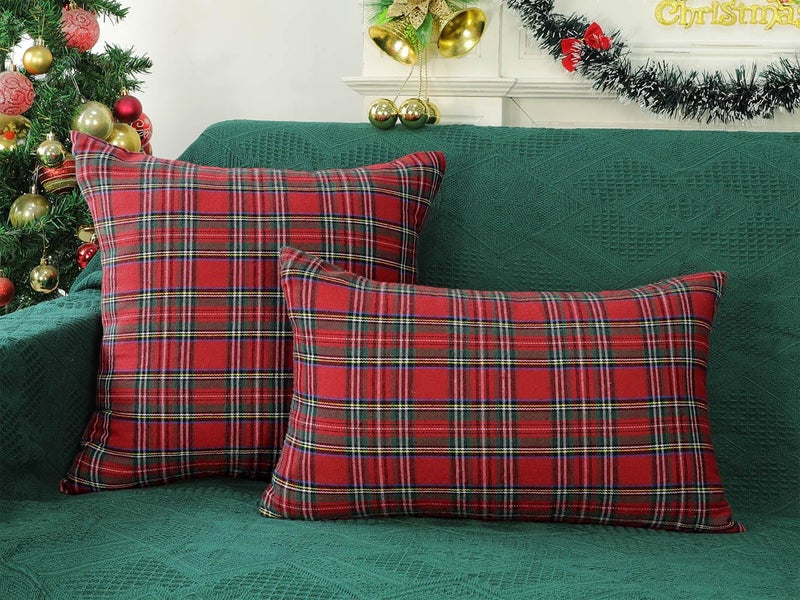 4TH Emotion Set of 2 Christmas Scottish Tartan Plaid Throw Pillow Covers Cushion Case Polyester for Farmhouse Home Decor Red and Green  20 x 20 Inches - Image 3