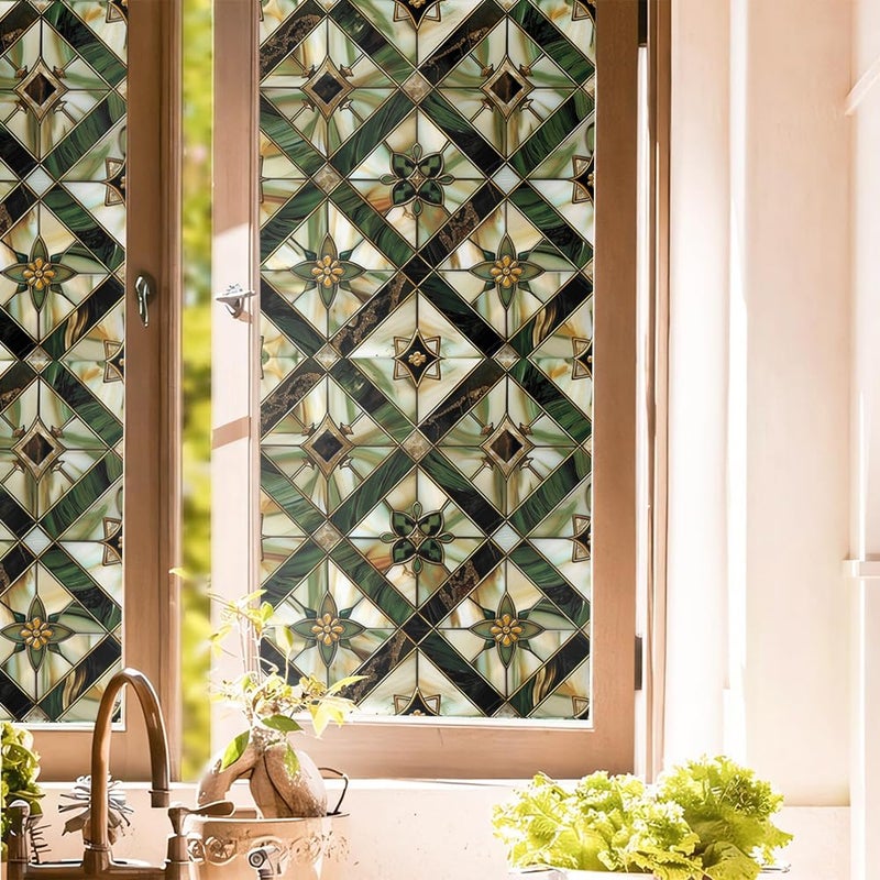 REDAMANCY Boho Golden Vintage Geometric Dark Green Ethnic Stained Glass Window Films Decorative Double-Side Privacy Film Self-Adhesive Static Glass Window Clings for Living Room Bathroom Glass Windows Decor - Image 1