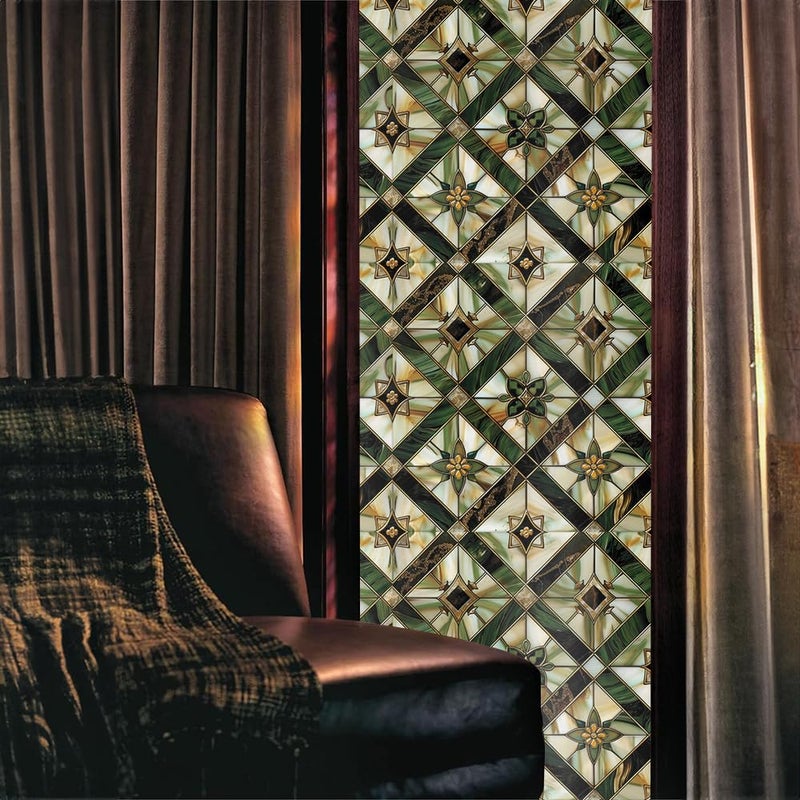 REDAMANCY Boho Golden Vintage Geometric Dark Green Ethnic Stained Glass Window Films Decorative Double-Side Privacy Film Self-Adhesive Static Glass Window Clings for Living Room Bathroom Glass Windows Decor - Image 2