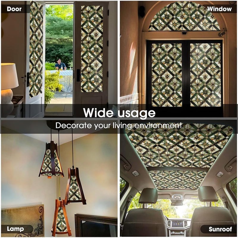 REDAMANCY Boho Golden Vintage Geometric Dark Green Ethnic Stained Glass Window Films Decorative Double-Side Privacy Film Self-Adhesive Static Glass Window Clings for Living Room Bathroom Glass Windows Decor - Image 5