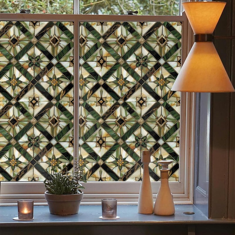 REDAMANCY Boho Golden Vintage Geometric Dark Green Ethnic Stained Glass Window Films Decorative Double-Side Privacy Film Self-Adhesive Static Glass Window Clings for Living Room Bathroom Glass Windows Decor - Image 3