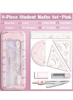 Generic 7-Piece Maths Set with Metal Box, Eraser, 0.7mm Refills, 15cm Ruler, Compass Geometry Tool Protractor and Compass Set, Degrees Set Squares and Protractor, Geometry Ruler Compass Set Great for Class Supplies Student School Supplies (Pink)  - Image 3