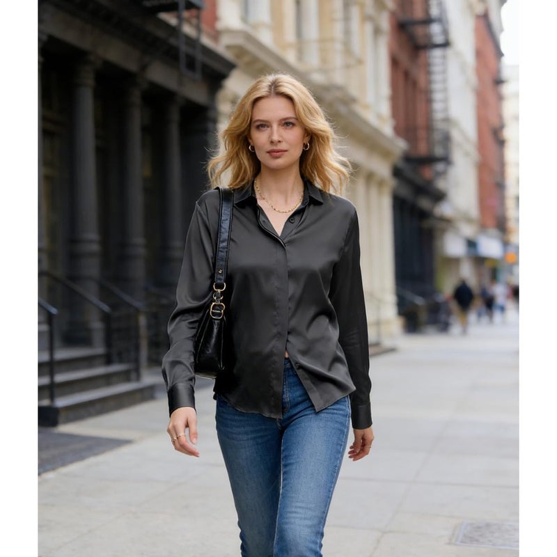 Casual long sleeve satin blouse for office wear, black M, soft fabric with collar and button-down front, loose fit for daily business use - Image 2