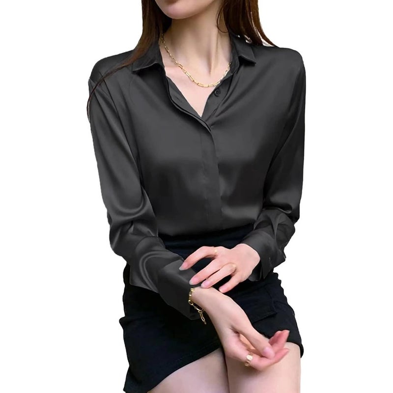 Casual long sleeve satin blouse for office wear, black M, soft fabric with collar and button-down front, loose fit for daily business use - Image 1