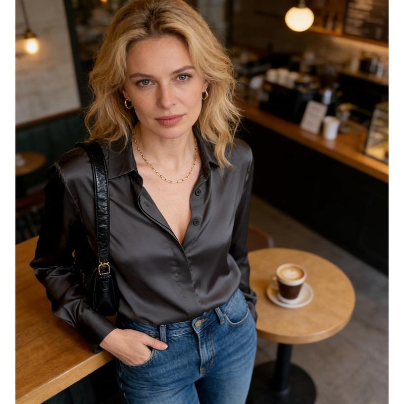 Casual long sleeve satin blouse for office wear, black M, soft fabric with collar and button-down front, loose fit for daily business use - Image 4