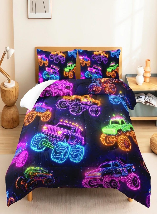 XYNHML Colorful Neon Off-Road Racing Truck Comforter 3Pcs Twin Cool Speed Race Car Bedding Set for Kid Teen Girl Boy Adult Automobile Extreme Sport Game Quilt Bed Decor with 1 Comforter&2 Pillowcases - Image 3