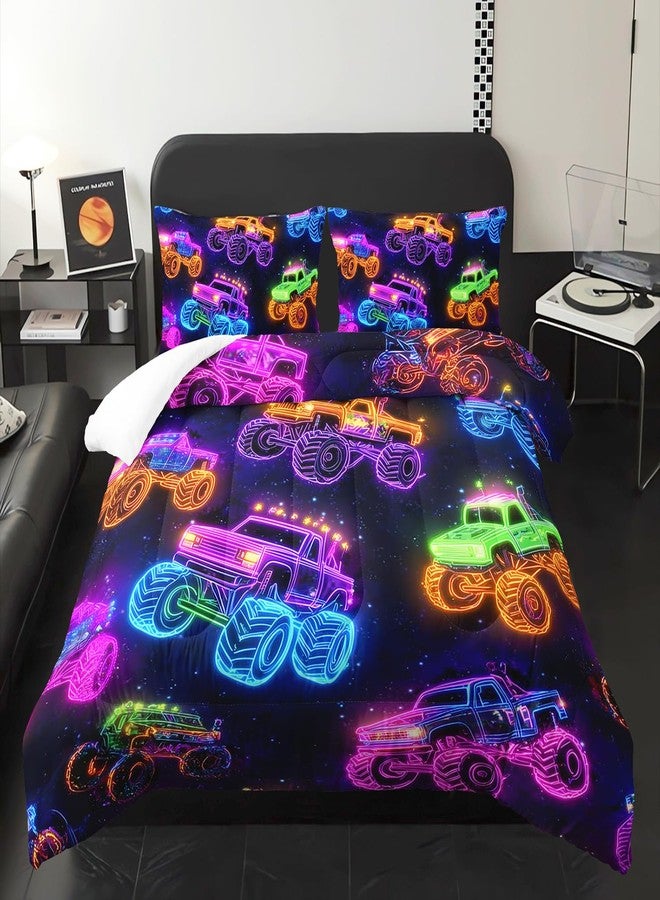 XYNHML Colorful Neon Off-Road Racing Truck Comforter 3Pcs Twin Cool Speed Race Car Bedding Set for Kid Teen Girl Boy Adult Automobile Extreme Sport Game Quilt Bed Decor with 1 Comforter&2 Pillowcases - Image 1