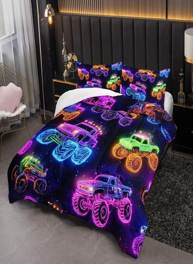 XYNHML Colorful Neon Off-Road Racing Truck Comforter 3Pcs Twin Cool Speed Race Car Bedding Set for Kid Teen Girl Boy Adult Automobile Extreme Sport Game Quilt Bed Decor with 1 Comforter&2 Pillowcases - Image 2