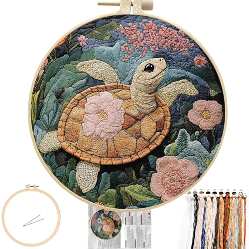 FONNUY Sea Turtle Floral Embroidery Kit Cross Stitch Kits for Beginners Handmade Crafts with Printed Patterns for Adults Easy to Follow Color Thread Needlework 8 Hoop Dancing Turtle - Image 1
