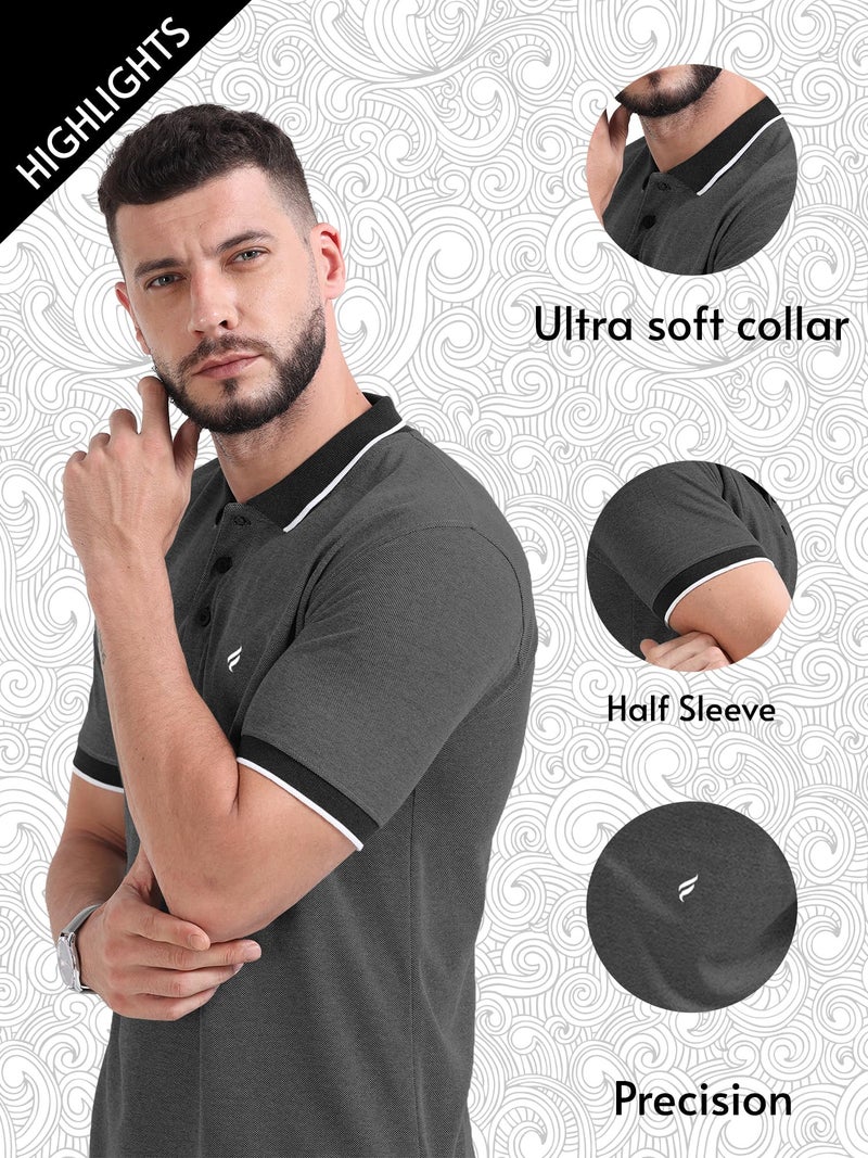 fanideaz Branded Mens Cotton Textured Half Sleeve Polo T-Shirt|| Branded Tshirt for Men || Tshirt for Men_DarkMelange_8DM_XL - Image 2