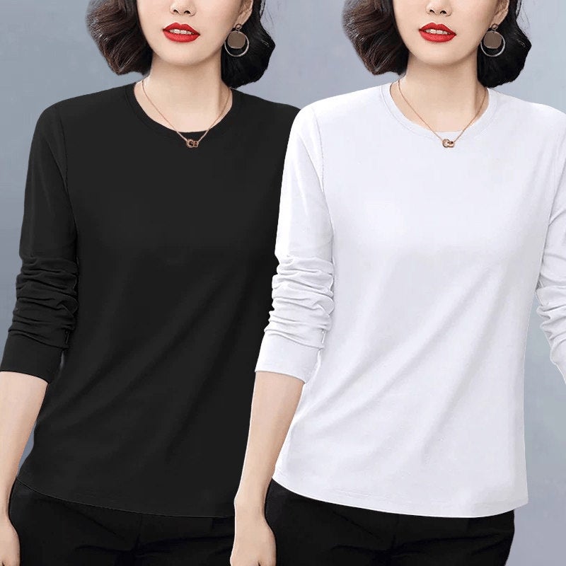 Pure cotton casual popular long-sleeved t-shirt for women's autumn 2025 new loose plus-size versatile age-reducing top with front shoulder - Image 3