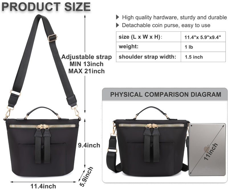 Nawoshow Nylon Crossbody Bag for Women Large Work Tote Bag Lightweight Waterproof Ladies Handbag with Strap (Black) - Image 4