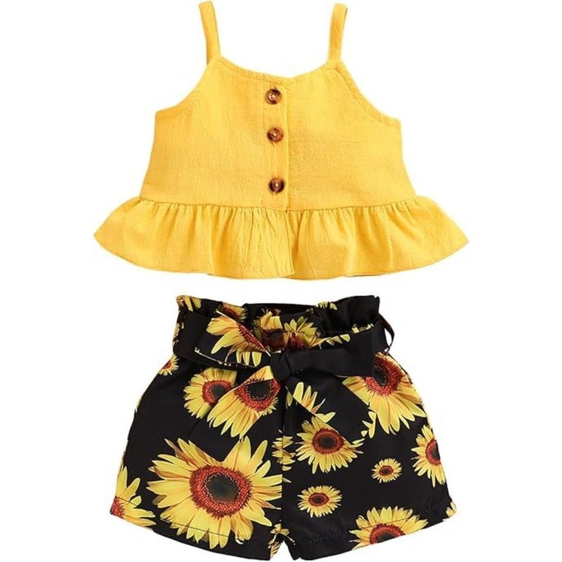 Kucnuzki Toddler Baby Girl Clothing Summer Clothing Pleated Sleeveless Linen Shirt Girls Shorts Set - Image 1