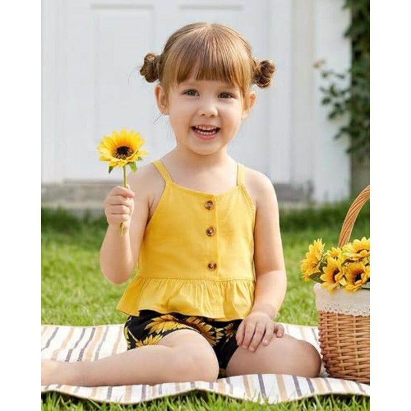 Kucnuzki Toddler Baby Girl Clothing Summer Clothing Pleated Sleeveless Linen Shirt Girls Shorts Set - Image 2