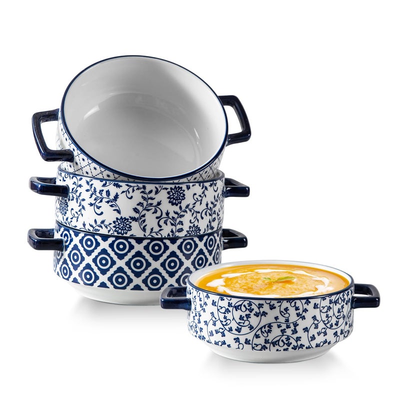 Cerkik Soup Bowls with Handles 24oz Ceramic French Onion Soup Crocks Serving Bowls for Pasta Cereal Beef Stew Pot Pies Casserole Oven Microwave Dishwasher Safe Set of 4 Blue - Image 2