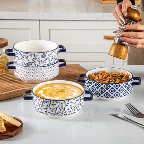 Cerkik Soup Bowls with Handles 24oz Ceramic French Onion Soup Crocks Serving Bowls for Pasta Cereal Beef Stew Pot Pies Casserole Oven Microwave Dishwasher Safe Set of 4 Blue - Image 3