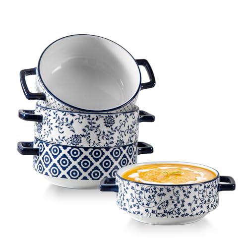 Cerkik Soup Bowls with Handles 24oz Ceramic French Onion Soup Crocks Serving Bowls for Pasta Cereal Beef Stew Pot Pies Casserole Oven Microwave Dishwasher Safe Set of 4 Blue - Image 1