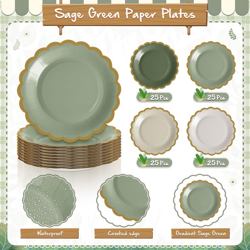 Mimorou 200 Pcs Sage Green Plates and Napkins Tableware Serves 100 Includes 7 Inch Scalloped Edges Paper Plate and Napkins for Gender Reveal Birthday Wedding Baby Shower Party - Image 3