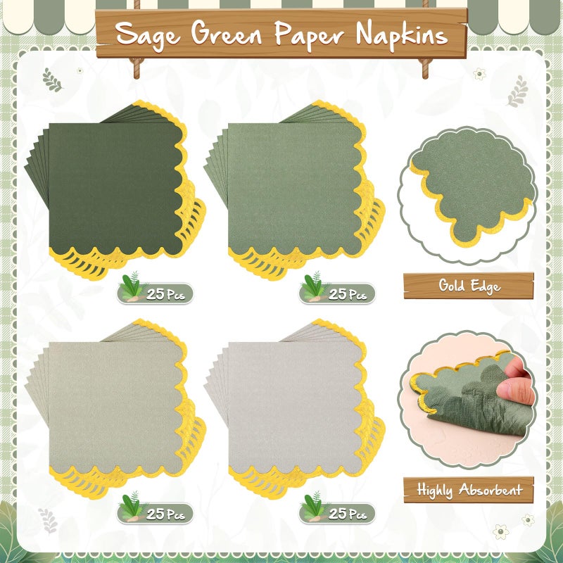 Mimorou 200 Pcs Sage Green Plates and Napkins Tableware Serves 100 Includes 7 Inch Scalloped Edges Paper Plate and Napkins for Gender Reveal Birthday Wedding Baby Shower Party - Image 4