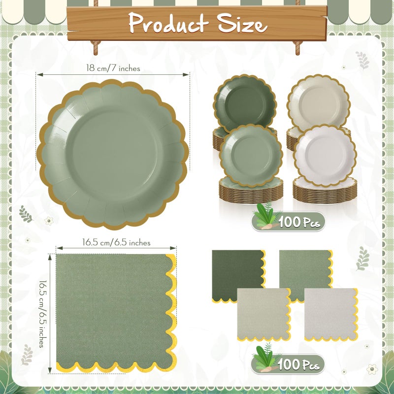 Mimorou 200 Pcs Sage Green Plates and Napkins Tableware Serves 100 Includes 7 Inch Scalloped Edges Paper Plate and Napkins for Gender Reveal Birthday Wedding Baby Shower Party - Image 2