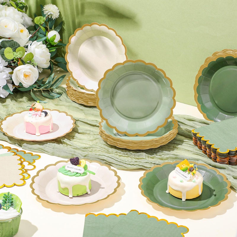 Mimorou 200 Pcs Sage Green Plates and Napkins Tableware Serves 100 Includes 7 Inch Scalloped Edges Paper Plate and Napkins for Gender Reveal Birthday Wedding Baby Shower Party - Image 1