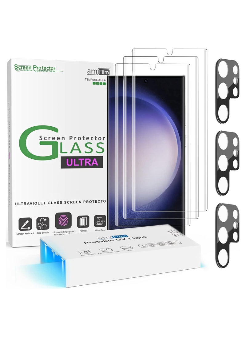 Amfilm - amFilm [3+3 Pack 3D Curved Tempered Glass for S23 Ultra Screen Protector Samsung Galaxy 6.8 Inch with Liquid Dispersion Tech, Designed for Fingerprint Reader, Upgraded Easier Application Tray. - Image 1