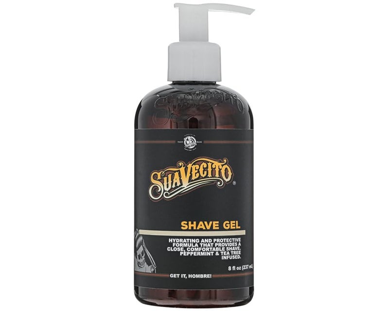Suavecito Shave Gel 8 oz. Pump Bottle, Peppermint and Tea Tree Infused, Clear Formula That Hydrates and Protects Skin