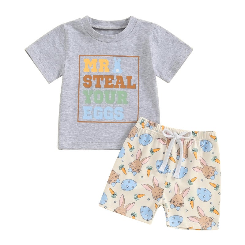 Okbabeha Toddler Baby Boy Easter Outfit Mr Steal Your Eggs Crewneck Shirt Bunny Shorts 2Pcs Boys Clothes 6M 12M 18M 2T 3T 4T (Mr steal your eggs-Gray, 6-12 Months) - Image 1