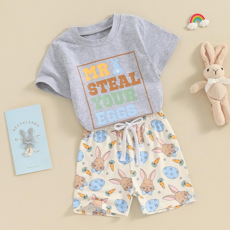 Okbabeha Toddler Baby Boy Easter Outfit Mr Steal Your Eggs Crewneck Shirt Bunny Shorts 2Pcs Boys Clothes 6M 12M 18M 2T 3T 4T (Mr steal your eggs-Gray, 6-12 Months) - Image 2