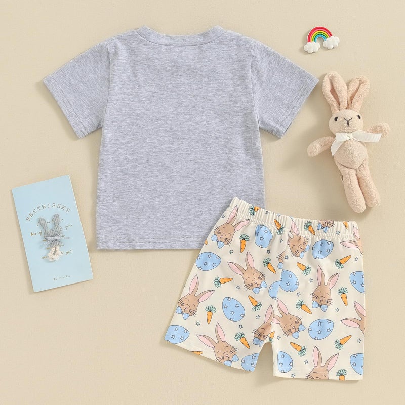 Okbabeha Toddler Baby Boy Easter Outfit Mr Steal Your Eggs Crewneck Shirt Bunny Shorts 2Pcs Boys Clothes 6M 12M 18M 2T 3T 4T (Mr steal your eggs-Gray, 6-12 Months) - Image 3