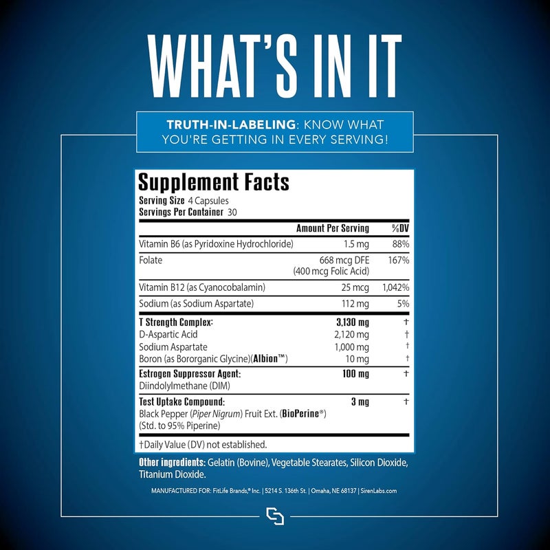 SIRENLABS مقوي التستوستيرون للرجال من سيرين لابز D1T لزيادة الكتلة مع حمض D-Aspartic 120 كبسولة - Image 2