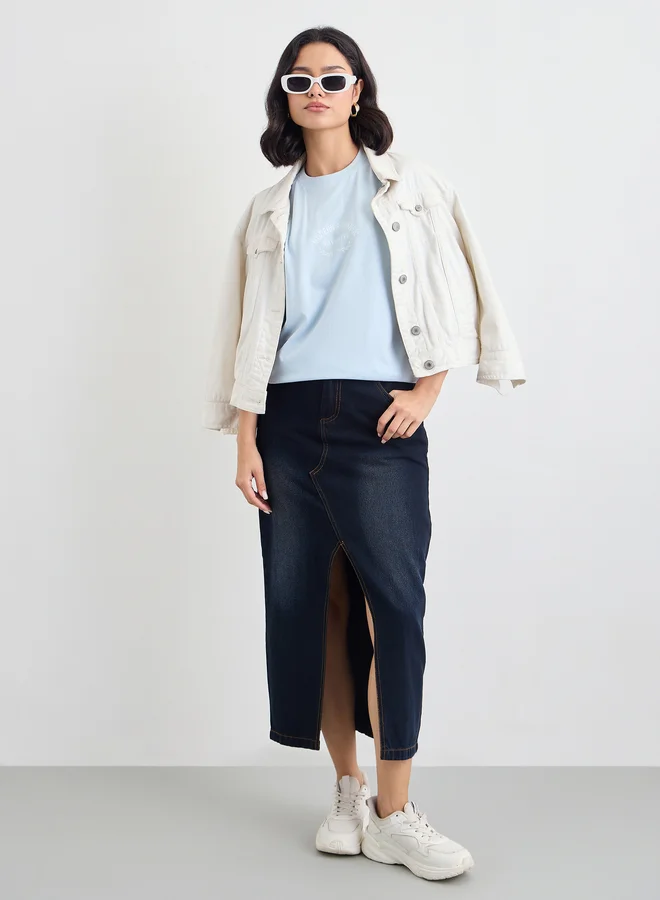 ستايلي Styli Slogan Print Short Sleeve Oversized T-Shirt