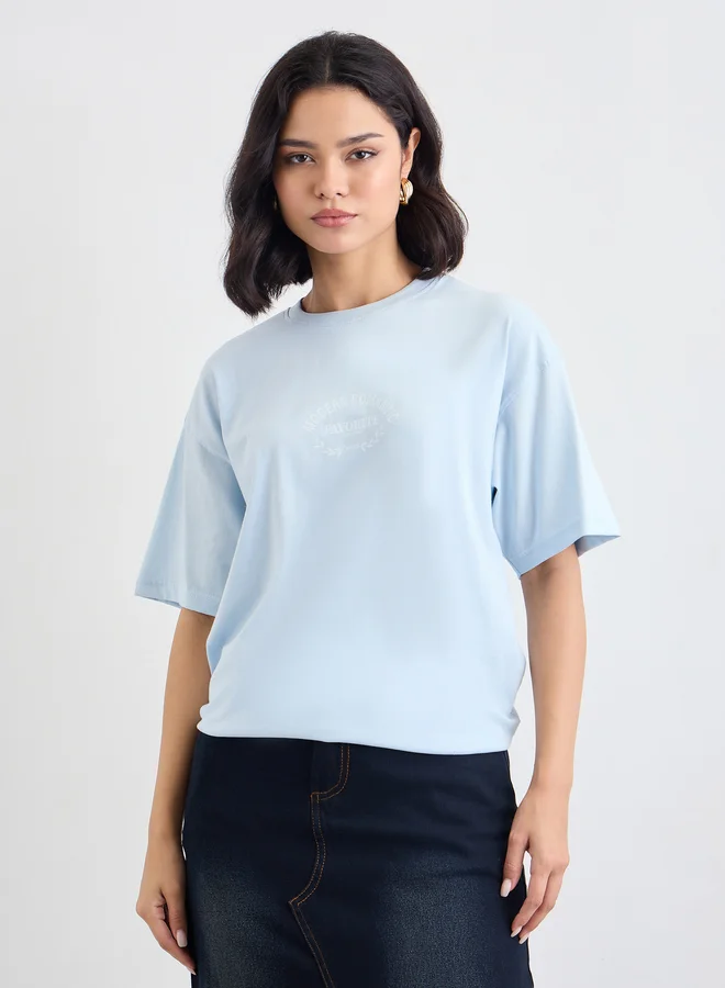 ستايلي Styli Slogan Print Short Sleeve Oversized T-Shirt