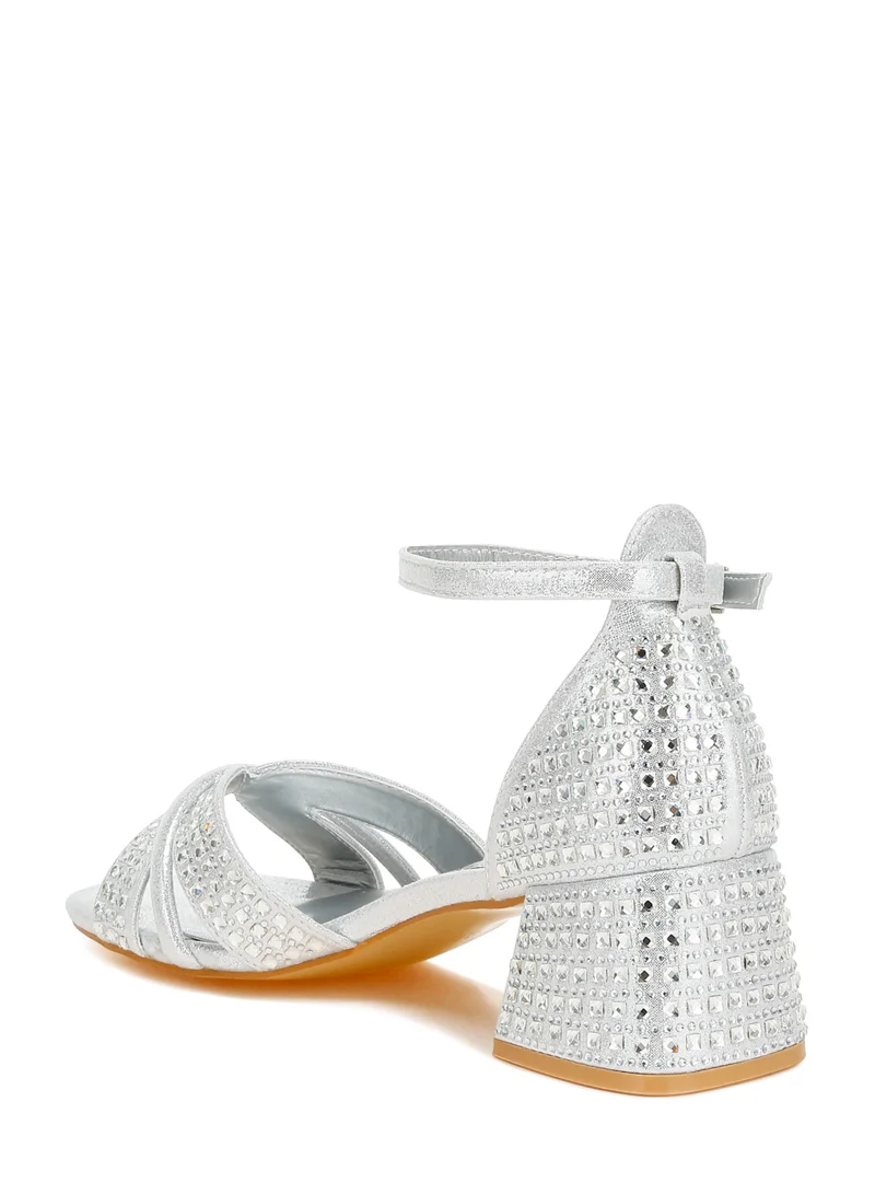 London Rag Low Block Heel Rhinestone Sandals in Silver