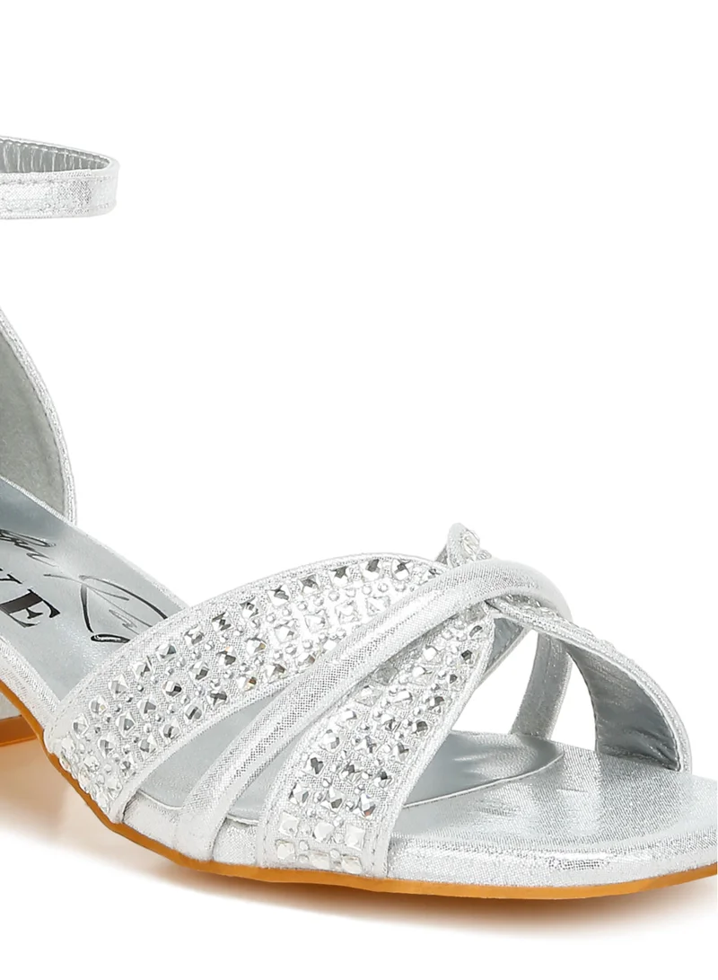 London Rag Low Block Heel Rhinestone Sandals in Silver