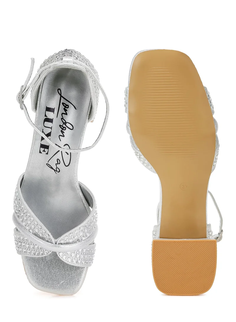 London Rag Low Block Heel Rhinestone Sandals in Silver