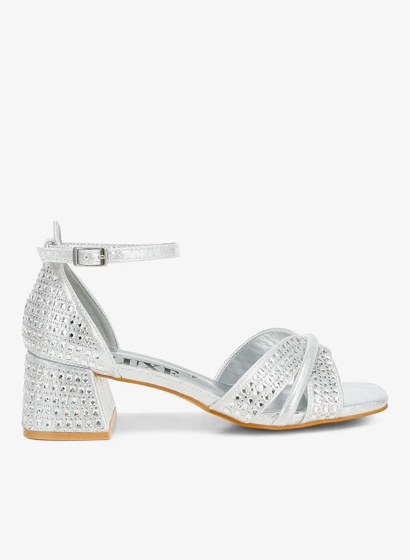 Low Block Heel Rhinestone Sandals in Silver