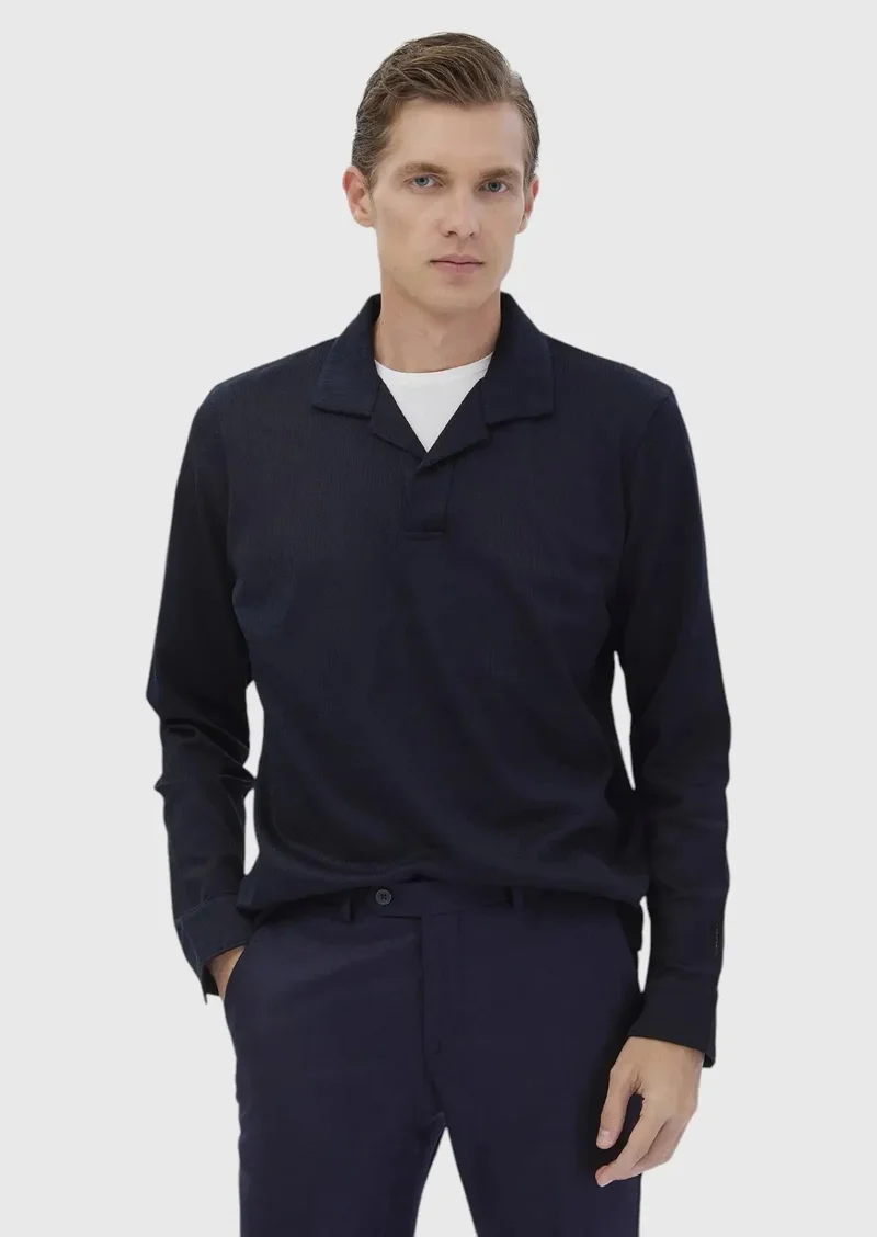 RAMSEY Navy Blue Polo Neck Jacquard Sweatshirt